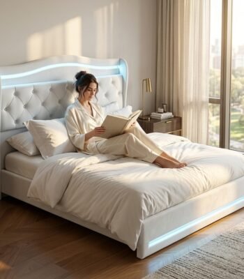 Woman relaxing on a custom white velvet LED bed frame in a modern bedroom interior, wholesale furniture by MMK Trade Inc.