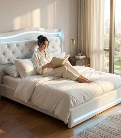 Woman relaxing on a custom white velvet LED bed frame in a modern bedroom interior, wholesale furniture by MMK Trade Inc.