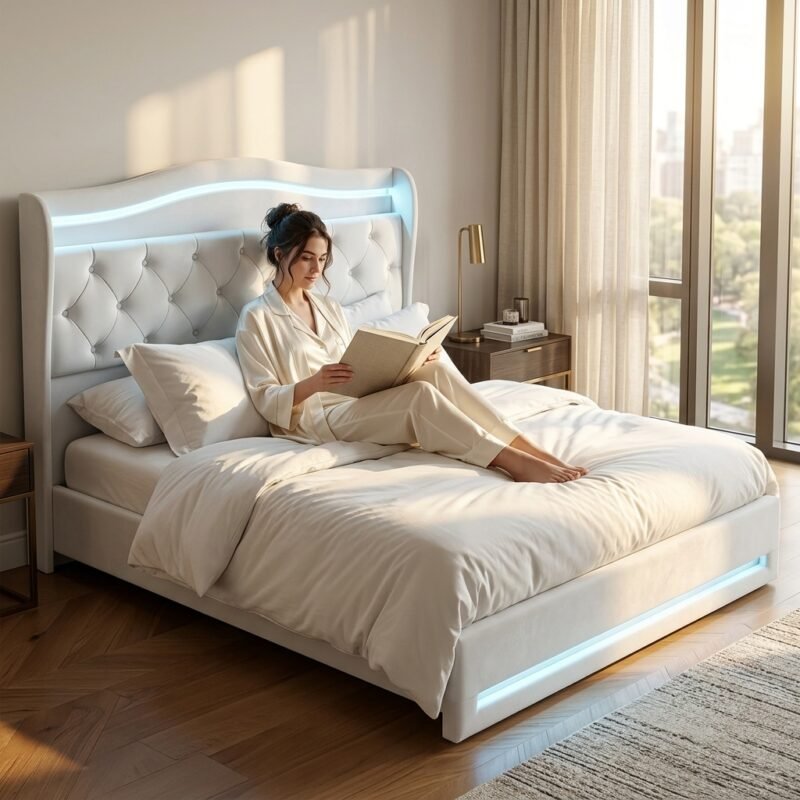 Woman relaxing on a custom white velvet LED bed frame in a modern bedroom interior, wholesale furniture by MMK Trade Inc.