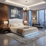 Modern white velvet upholstered bed frame with built-in LED lighting in a luxury bedroom setting, manufactured by MMK Furniture Makers for US B2B wholesale.