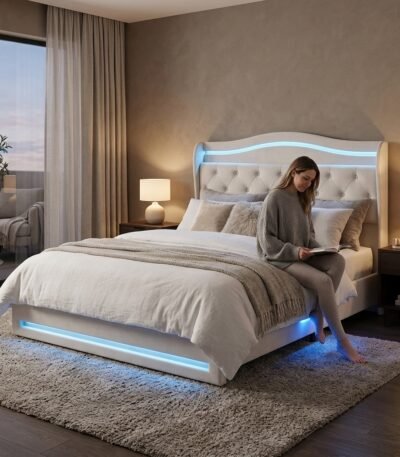 Lifestyle application of a custom white tufted LED bed frame featuring a person relaxing, showcasing premium velvet and MDF construction by OEM furniture supplier MMK TRADE INC.