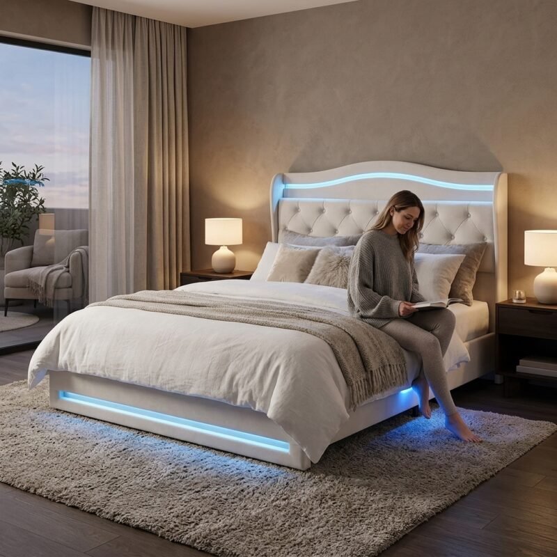 Lifestyle application of a custom white tufted LED bed frame featuring a person relaxing, showcasing premium velvet and MDF construction by OEM furniture supplier MMK TRADE INC.