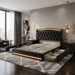 Modern black velvet upholstered bed frame with LED headboard and under-bed storage drawers in a luxury bedroom setting, manufactured by MMK Furniture Makers for B2B wholesale.