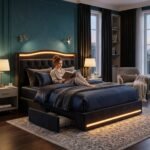 Woman relaxing on a premium black velvet LED bedstead with tufted headboard, showcasing custom residential and hospitality furniture solutions by MMK Furniture Makers.