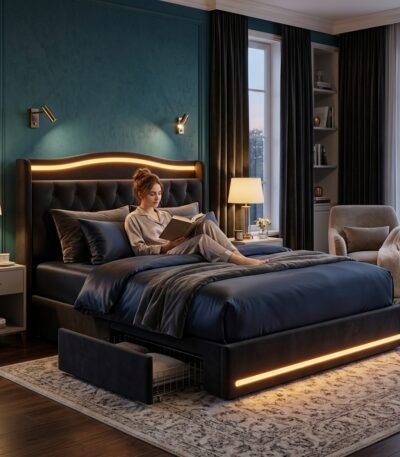 Woman relaxing on a premium black velvet LED bedstead with tufted headboard, showcasing custom residential and hospitality furniture solutions by MMK Furniture Makers.