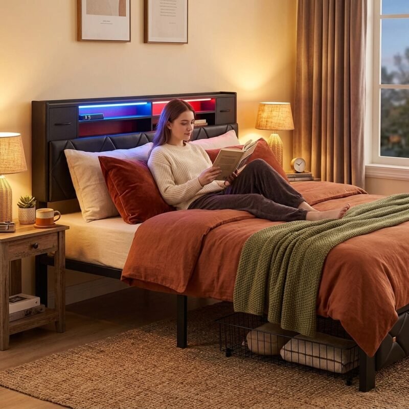 Woman relaxing on a modern black tufted bed with built-in LED headboard lighting. High-quality custom bedroom furniture manufactured by MMK TRADE INC for B2B wholesale.