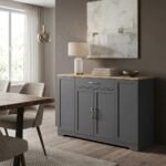 Modern dark grey wooden sideboard cabinet with an oak wood top in a contemporary dining room. Manufactured by MMK Furniture Makers for B2B wholesale and OEM.