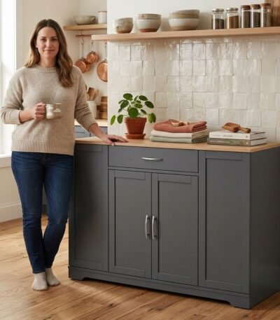 Woman using a dark grey kitchen trolley cabinet in a modern home. High-quality custom MDF furniture supplied by MMK TRADE INC for the US market.