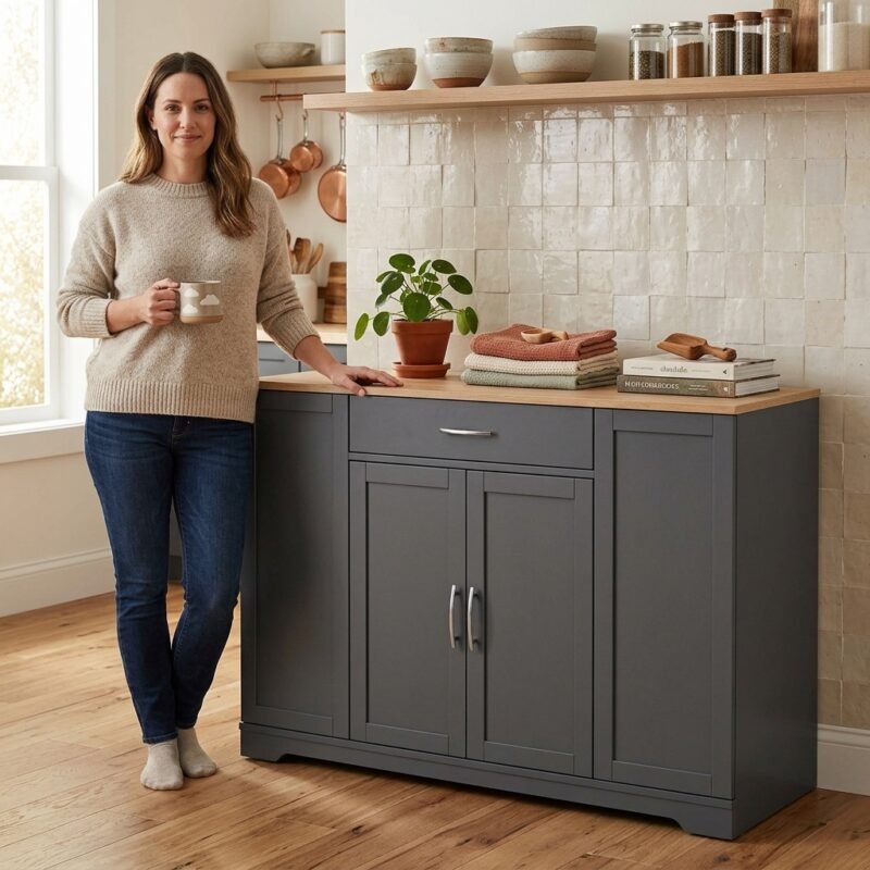 Woman using a dark grey kitchen trolley cabinet in a modern home. High-quality custom MDF furniture supplied by MMK TRADE INC for the US market.