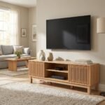 Natural oak TV stand with vertical slatted doors in modern living room, wholesale media console by MMK Furniture Makers.