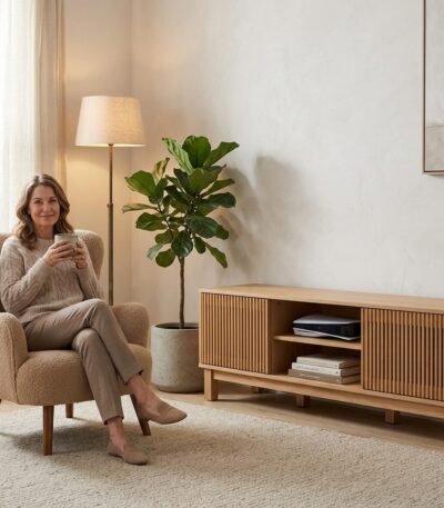 Woman relaxing in contemporary living space featuring wholesale natural wood entertainment center by MMK Furniture Makers.