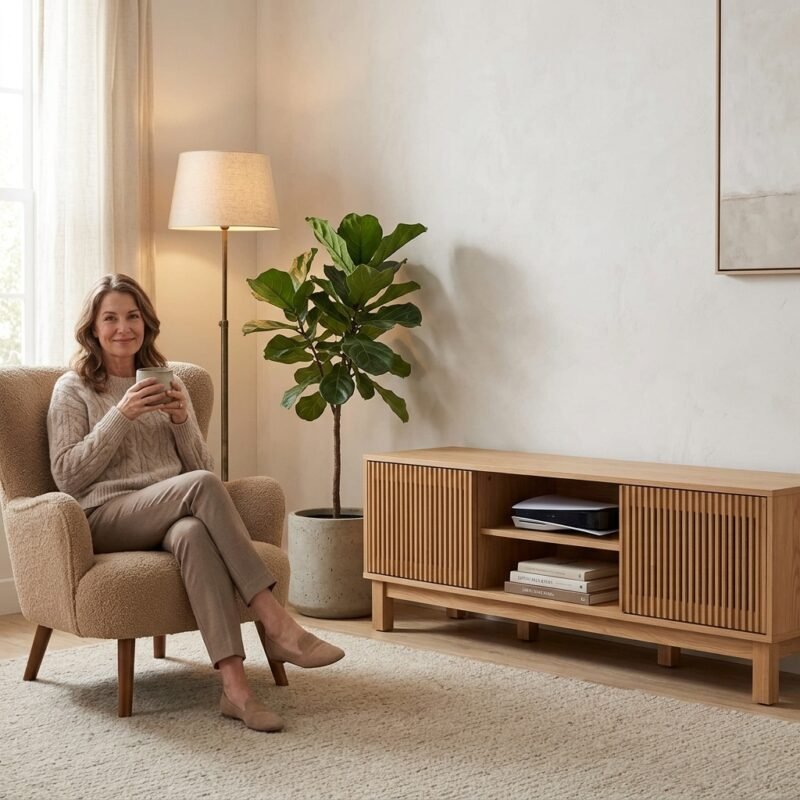 Woman relaxing in contemporary living space featuring wholesale natural wood entertainment center by MMK Furniture Makers.