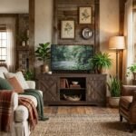 Wholesale rustic dark brown wooden barn door TV stand with open shelves in a cozy living room setting, manufactured by MMK Furniture Makers.