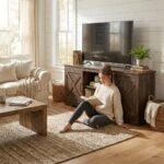 Woman relaxing next to a custom farmhouse wooden TV console in a modern living room. Premium B2B furniture manufacturing by MMK TRADE INC.