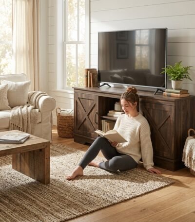 Woman relaxing next to a custom farmhouse wooden TV console in a modern living room. Premium B2B furniture manufacturing by MMK TRADE INC.