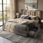 Contemporary bedroom interior featuring a wholesale grey velvet tufted bed frame with pull-out wire storage drawers by MMK Trade Inc.