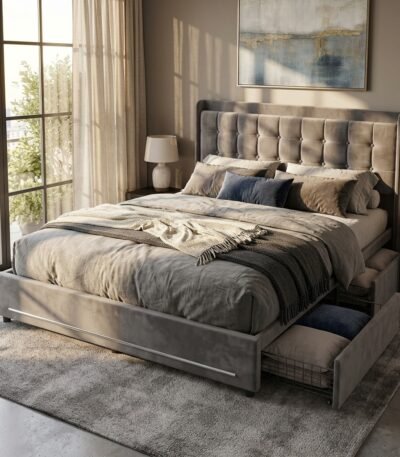 Contemporary bedroom interior featuring a wholesale grey velvet tufted bed frame with pull-out wire storage drawers by MMK Trade Inc.