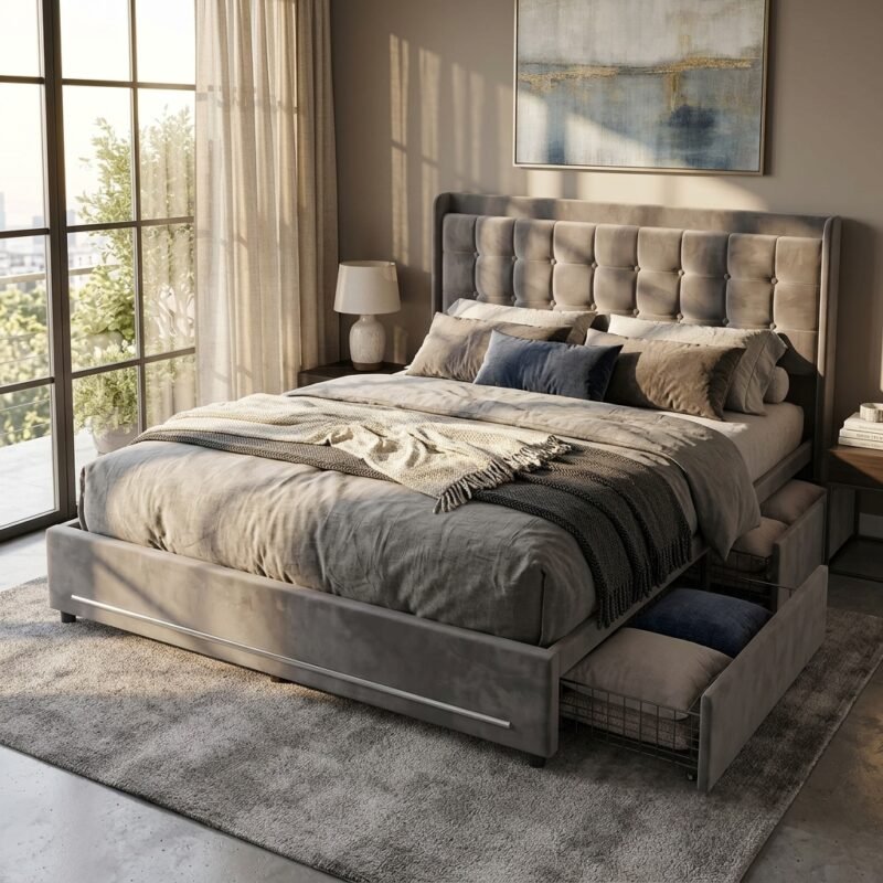 Contemporary bedroom interior featuring a wholesale grey velvet tufted bed frame with pull-out wire storage drawers by MMK Trade Inc.