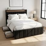 Modern black velvet upholstered metal bed frame with under-bed storage baskets, manufactured for wholesale and B2B markets by MMK Furniture Makers.