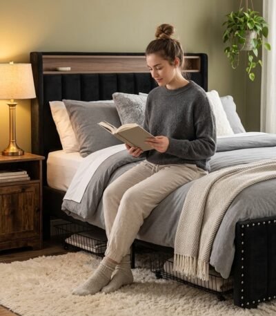 Lifestyle view of a woman relaxing on a durable black metal platform bed with velvet headboard, showcasing custom OEM furniture capabilities by MMK Trade Inc.