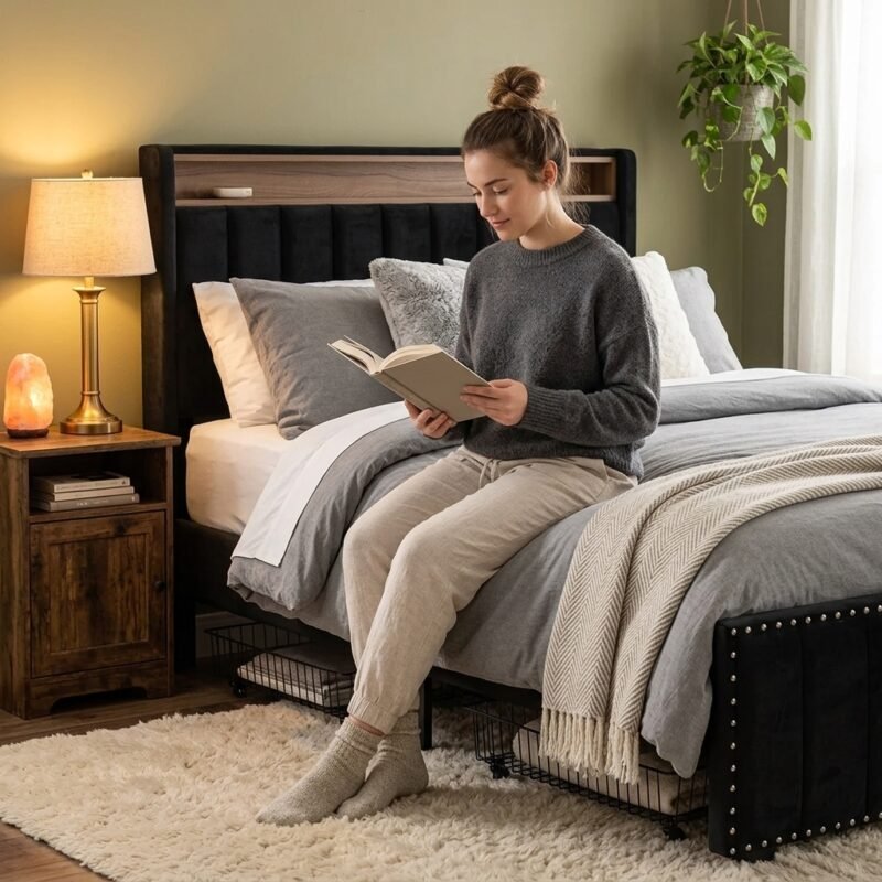 Lifestyle view of a woman relaxing on a durable black metal platform bed with velvet headboard, showcasing custom OEM furniture capabilities by MMK Trade Inc.