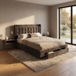 Modern minimalist bedroom featuring a custom dark grey velvet upholstered bed frame with metal slats and storage drawers. OEM furniture by MMK TRADE INC.