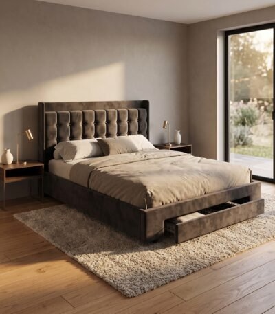 Modern minimalist bedroom featuring a custom dark grey velvet upholstered bed frame with metal slats and storage drawers. OEM furniture by MMK TRADE INC.