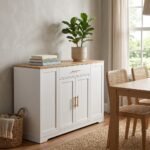 Modern wholesale white wooden trolley and sideboard cabinet styled in a cozy dining room, custom B2B furniture by MMK Trade Inc.