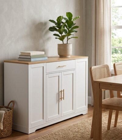 Modern wholesale white wooden trolley and sideboard cabinet styled in a cozy dining room, custom B2B furniture by MMK Trade Inc.