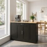 Modern black kitchen sideboard cabinet with natural wood top styled in an open dining space by MMK Furniture Makers