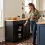 Woman using a black wooden sideboard buffet cabinet in a bright home kitchen setting