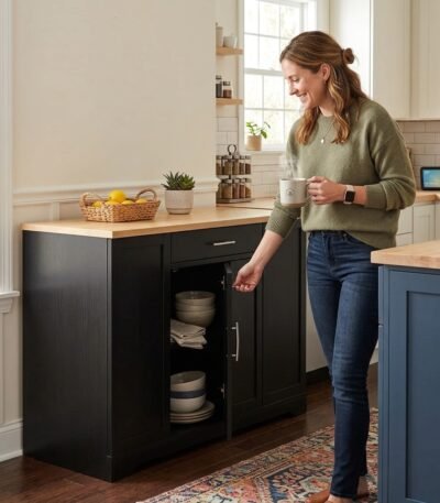 Woman using a black wooden sideboard buffet cabinet in a bright home kitchen setting