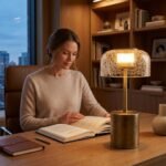 Woman reading beside illuminated crackle glass brass desk lamp by MMK Furniture Makers in luxury home study
