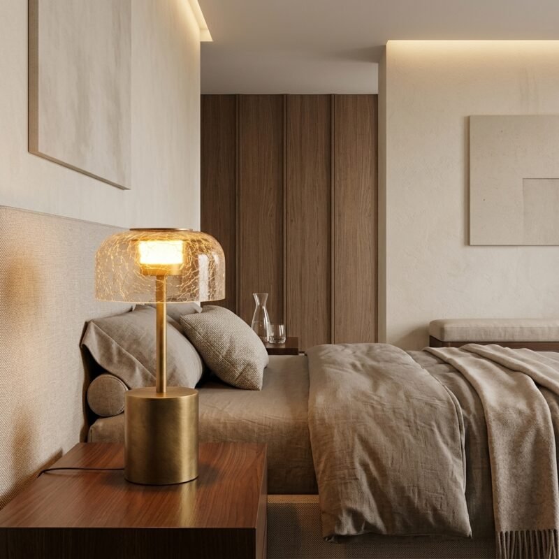 brass cylindrical base crackle glass table lamp on wooden nightstand in luxury hotel bedroom suite