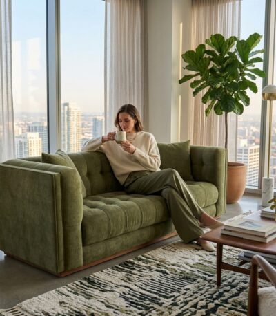 Woman relaxing on a bespoke wholesale olive green velvet sofa manufactured by MMK TRADE INC for luxury residential and hospitality projects.
