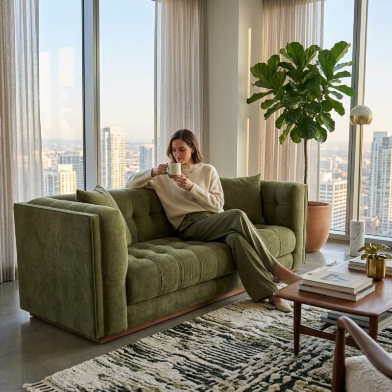 Woman relaxing on a bespoke wholesale olive green velvet sofa manufactured by MMK TRADE INC for luxury residential and hospitality projects.