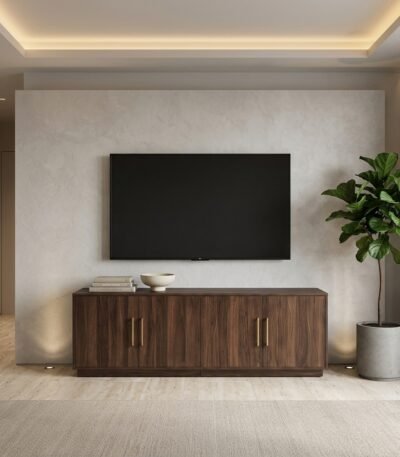 Minimalist 4-door walnut TV console table with gold handles in luxury living room setting wholesale B2B MMK TRADE INC