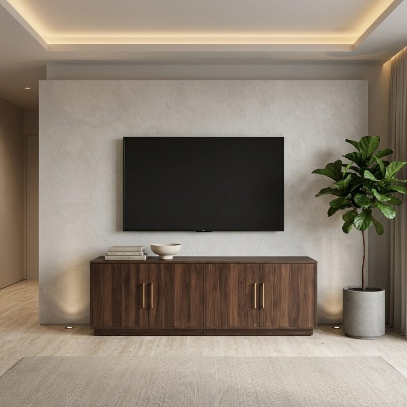 Minimalist 4-door walnut TV console table with gold handles in luxury living room setting wholesale B2B MMK TRADE INC