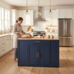 Navy blue kitchen island cart cabinet with wood top in modern kitchen setting by MMK Furniture Makers