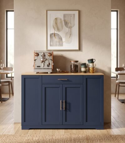 Modern navy blue sideboard buffet credenza used as coffee bar station, wholesale OEM custom furniture by MMK Trade Inc
