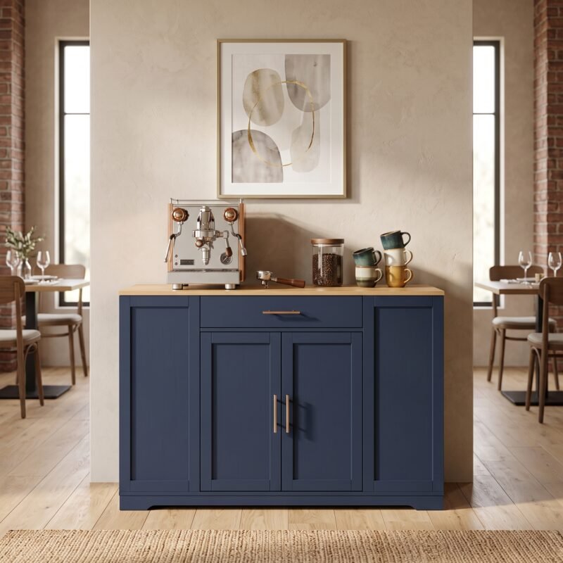 Modern navy blue sideboard buffet credenza used as coffee bar station, wholesale OEM custom furniture by MMK Trade Inc