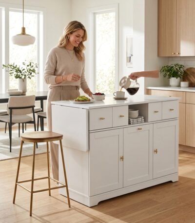 Woman using a white multifunctional kitchen island cabinet with storage drawers and drop-leaf table in an open-concept kitchen