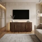 ustom dark walnut fluted TV stand with gold handles in modern living room - MMK Furniture Makers