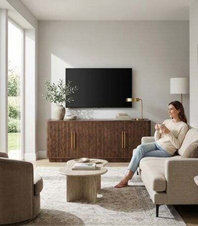 Modern wooden media console sideboard in bright contemporary apartment - Wholesale by MMK TRADE INC