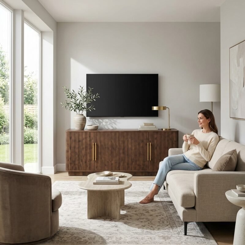 Modern wooden media console sideboard in bright contemporary apartment - Wholesale by MMK TRADE INC