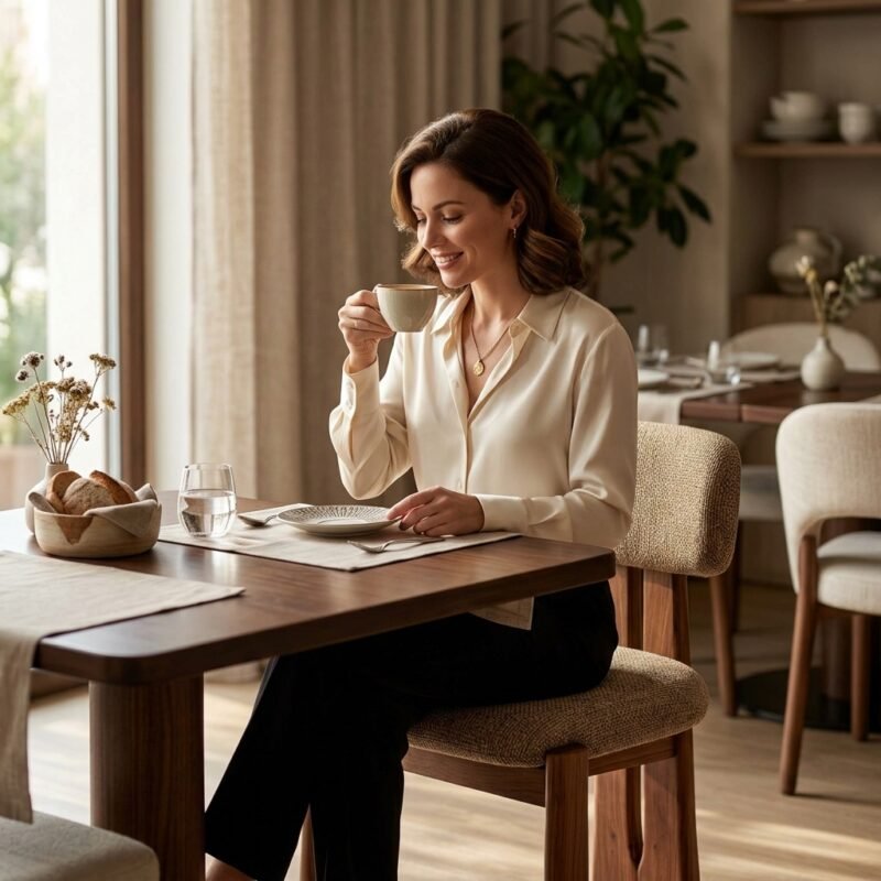 Comfortable ergonomic upholstered wooden dining chair HEFTCH-8155 occupied in a luxury cafe interior by MMK TRADE INC.