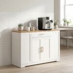 MMK Furniture Makers modern white kitchen buffet sideboard with natural wood top styled as coffee station