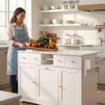 MMK Furniture Makers wholesale white kitchen island storage cabinet with gold hardware and side racks in a modern farmhouse kitchen setting