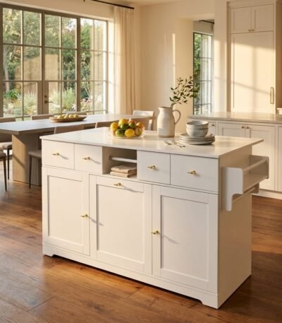 Contemporary white wood kitchen island buffet cabinet featuring multi-drawer storage and shaker doors by MMK TRADE INC