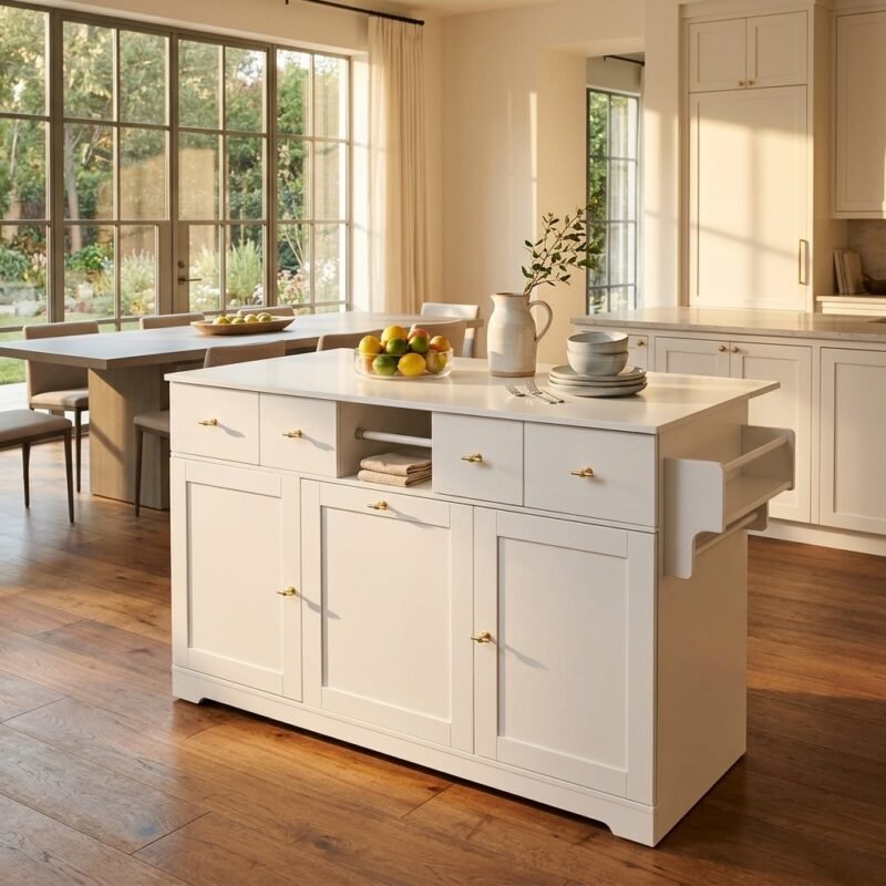 Contemporary white wood kitchen island buffet cabinet featuring multi-drawer storage and shaker doors by MMK TRADE INC